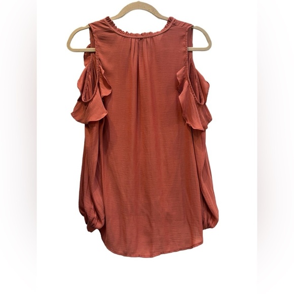 Anthropologie Maeve Long sleeve Cold shoulder wrap blouse in coral, size XS - Picture 6 of 12